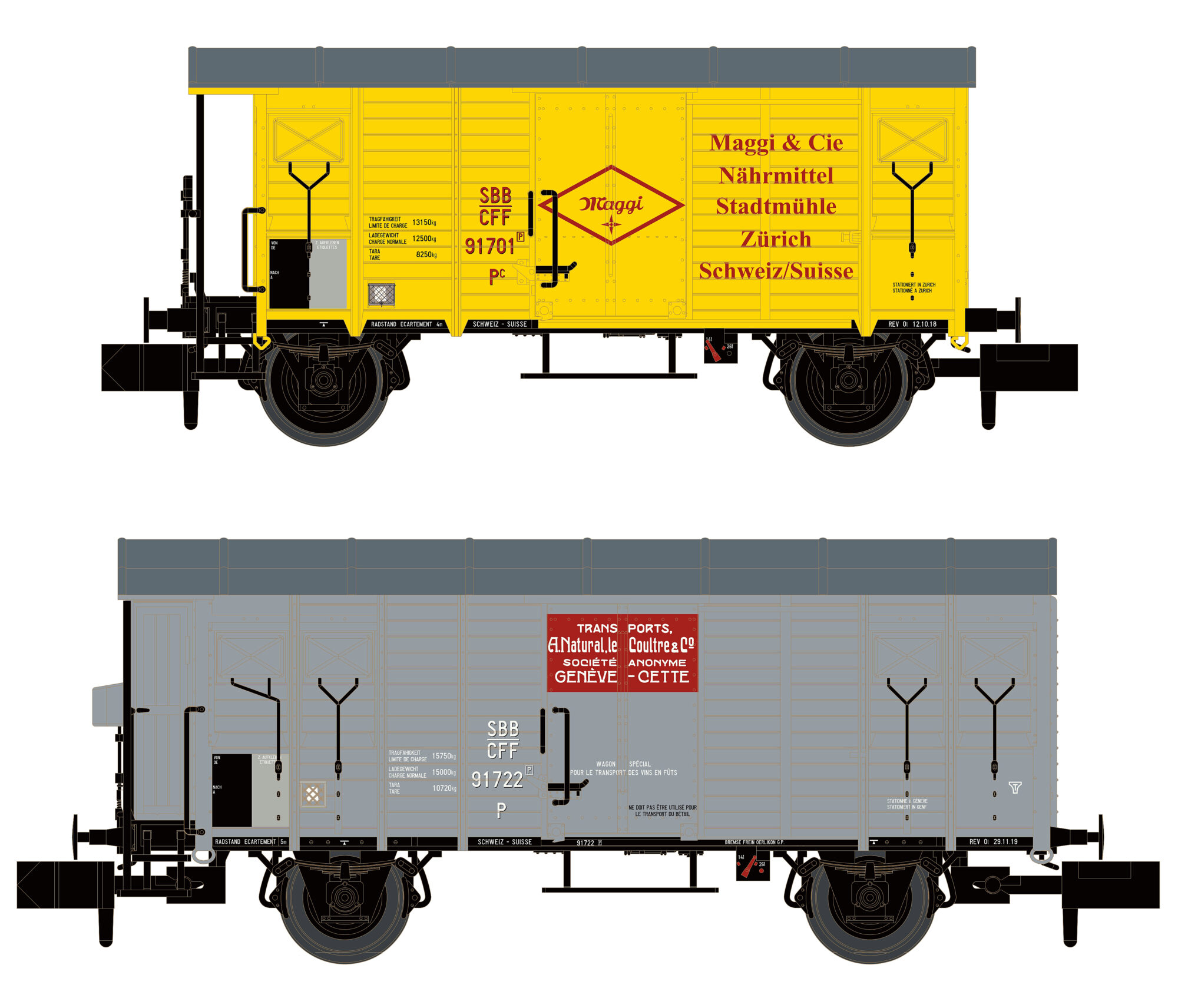 Hobbytrain H24255 SBB 2 gedeckte Güterwagen 1x K2 Maggi  1x K3 Le Coultre  grau  Ep. II